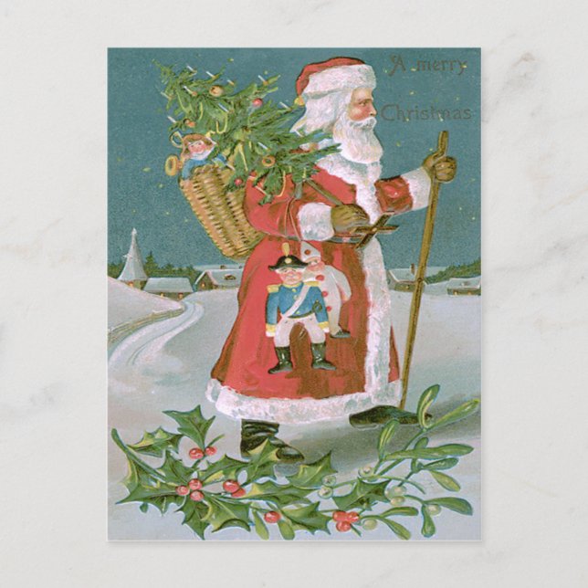 Tomte julgran korg leksaker järnek helg vykort (Framsida)