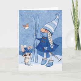 Tomte Kanin Skidåkning Julkort Kort