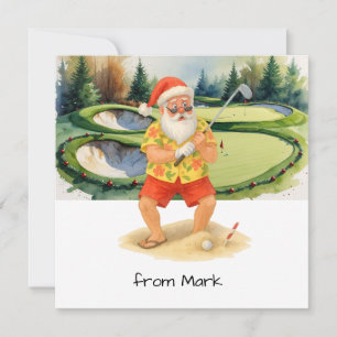 Tomte klättrar ur sandbunker på golfbanan julkort