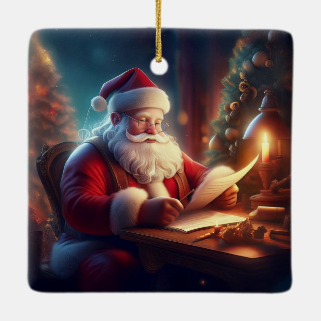Tomte kontrollerar önskelistor julgransprydnad keramik (Baksida)