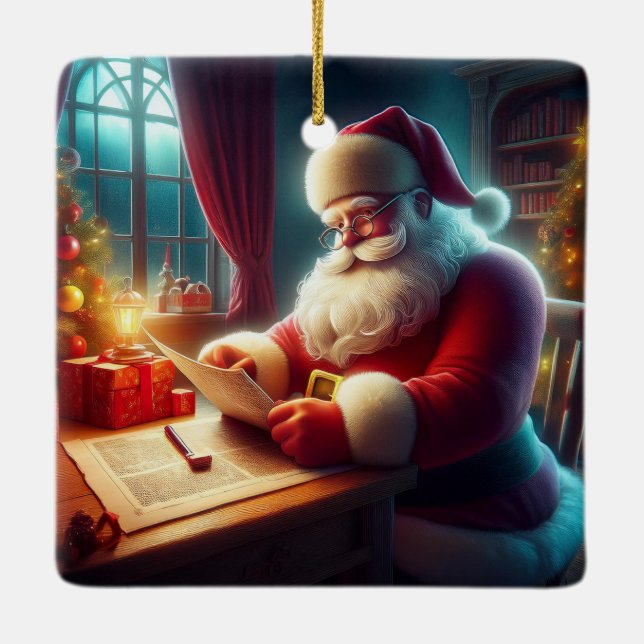 Tomte kontrollerar önskelistsbrev julgransprydnad keramik (Baksida)