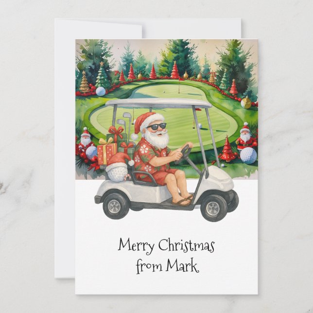 Tomte kör golfcart julfirande julkort (Framsida)