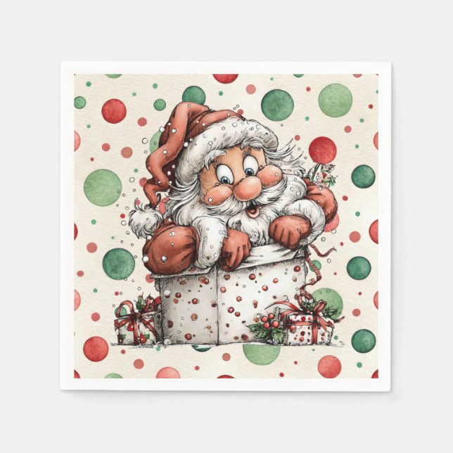 Tomte kryper ut ur presentlåda pappersservett (Framsidan)
