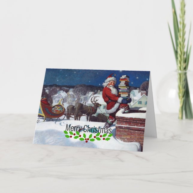 Tomte levererar en stor hög med böcker av Wyeth Kort (Framsida)