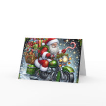 Tomte levererar paket på grön motorcykel