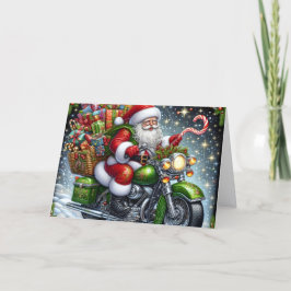 Tomte levererar paket på grön motorcykel helgkort