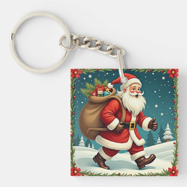 Tomte levererar presenter genom snöig skog (Framsidan)