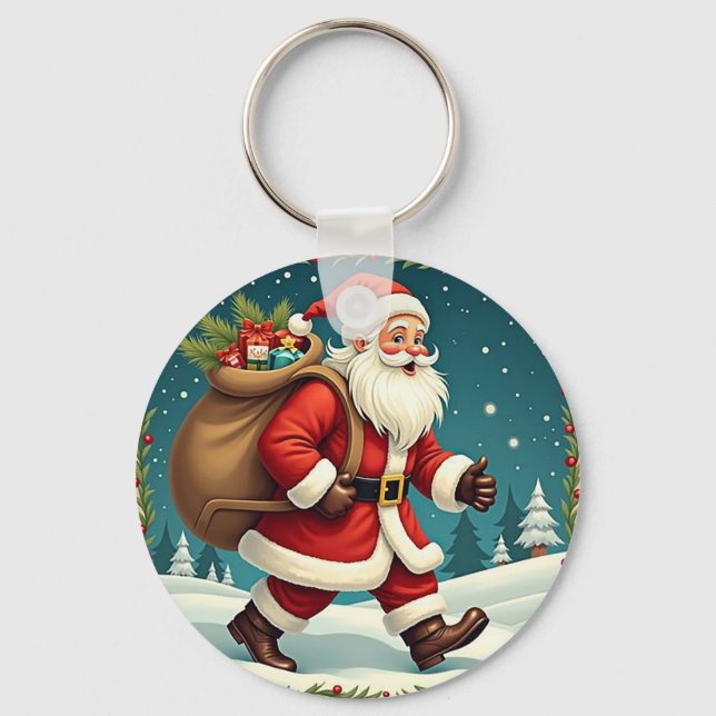 Tomte levererar presenter genom snöig skog nyckelring (Framsida)
