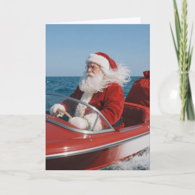 Tomte levererar presenter med speedbåt kort (Framsida)