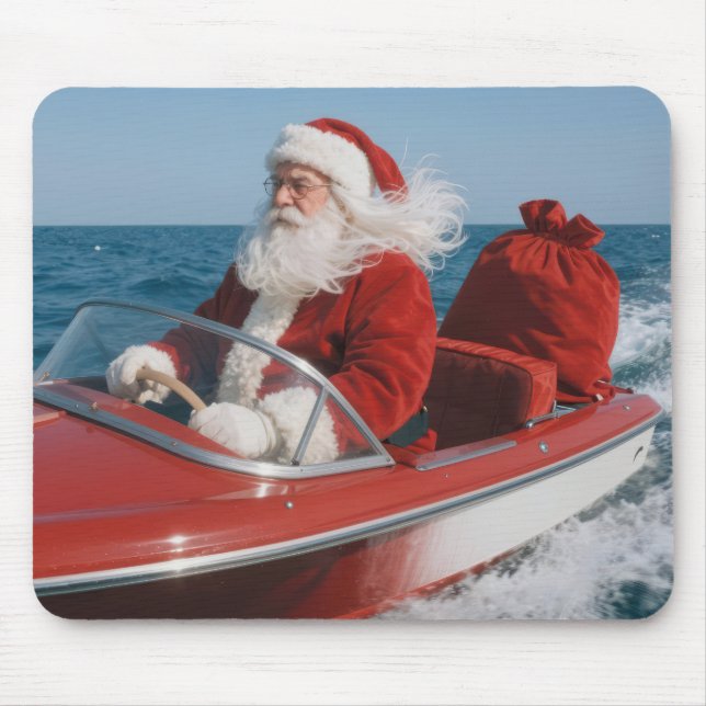 Tomte levererar presenter med speedbåt musmatta (Framsidan)