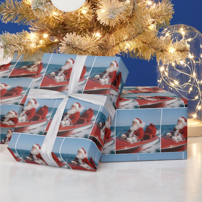 Tomte levererar presenter med speedbåt presentpapper (Helgdagar)