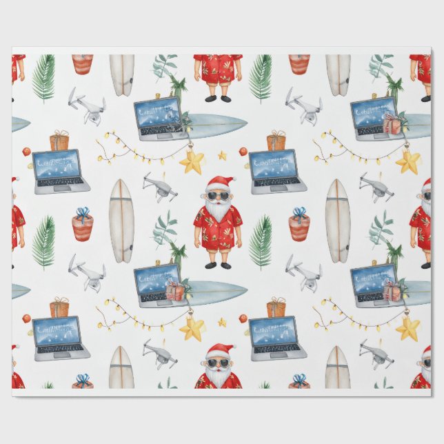 Tomte med dator och surfbräda på jul  presentpapper (Platt)