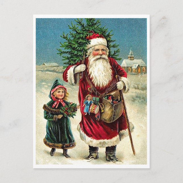 Tomte med liten flicka, God Jul Vykort (Framsida)