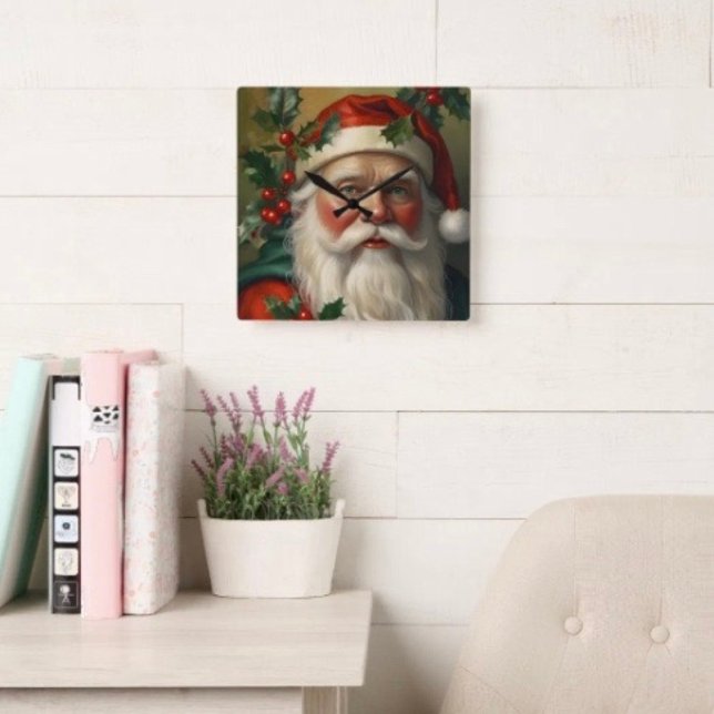Tomte med mistel fyrkantig klocka (Wall Clock backside hanging slot  non-ticking design. 2 sizes: 8" diameter or 10.75" diameter.
)