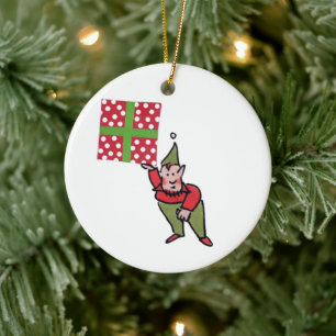 Tomte med prickig present rund keramisk julgranspr julgransprydnad keramik