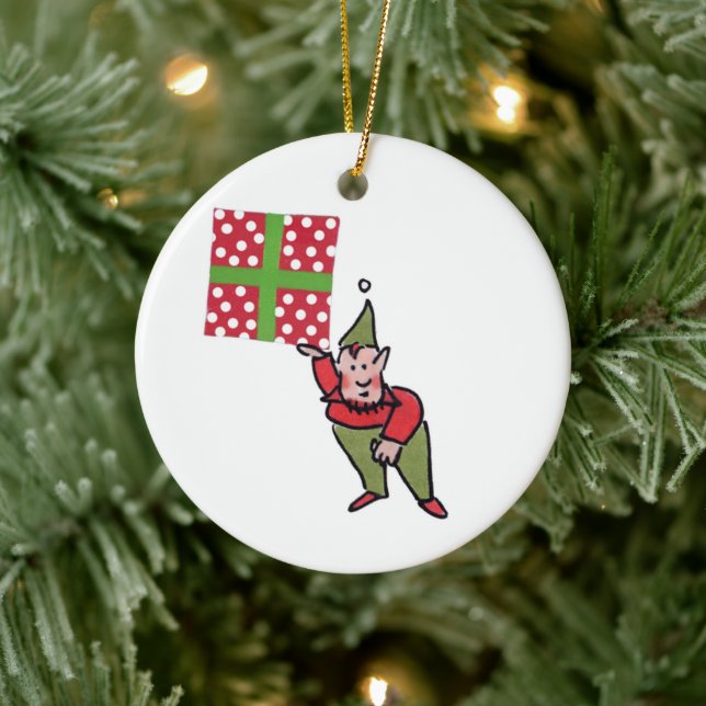 Tomte med prickig present rund keramisk julgranspr julgransprydnad keramik (Träd)