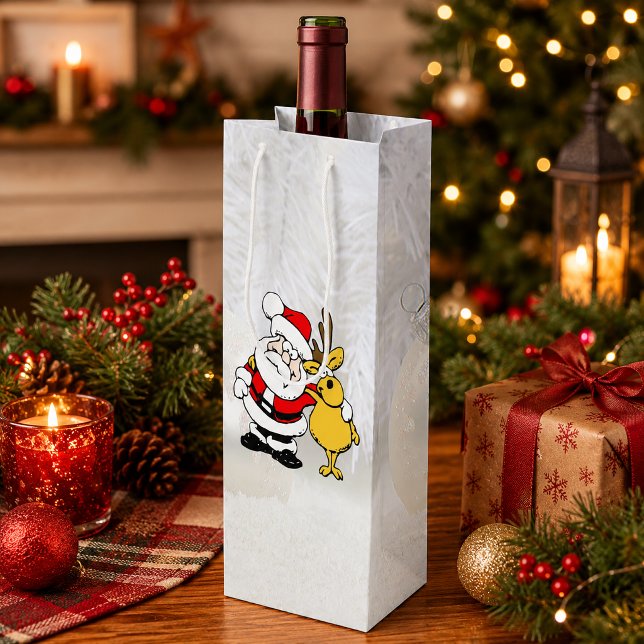 Tomte med rådjur seriepresentpåse (Santa With Deer Cartoon Wine Gift Bag)