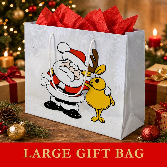Tomte Med Ren Tecknad Stor Presentpåse (Santa With Deer Cartoon Large Gift Bag)