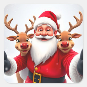 Tomte med renar firar jul fyrkantigt klistermärke