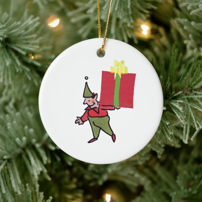 Tomte med röd låda rund keramisk julgransprydnad keramik (Träd)