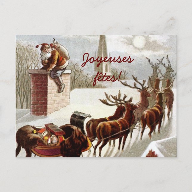 Tomte med släde och ren julkort vykort (Framsida)