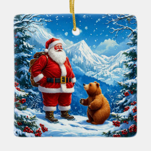 Tomte möter vänlig björn i snöiga berg julgransprydnad keramik