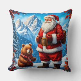 Tomte möter vänlig björn i snöiga berg kudde