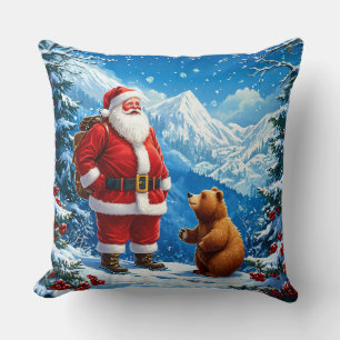 Tomte möter vänlig björn i snöiga berg kudde
