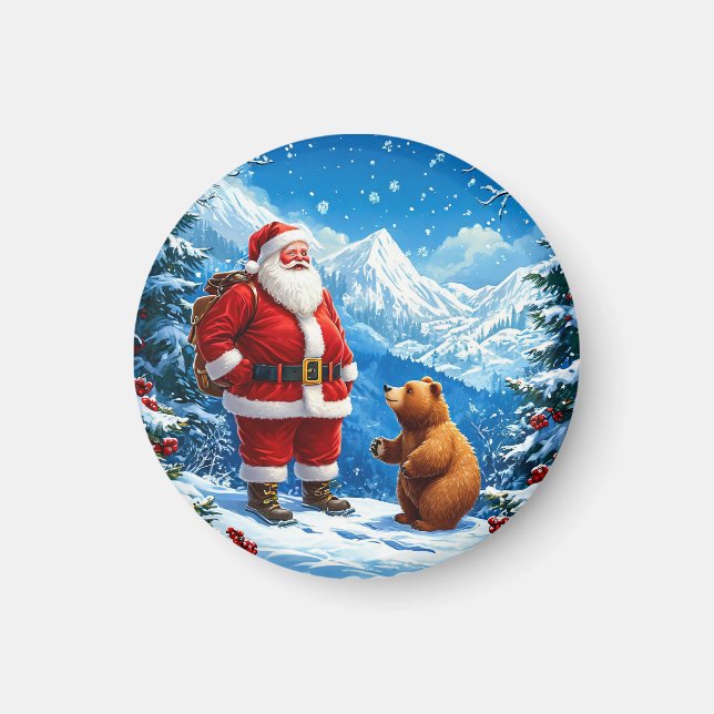 Tomte möter vänlig björn i snöiga berg magnet (Framsidan)
