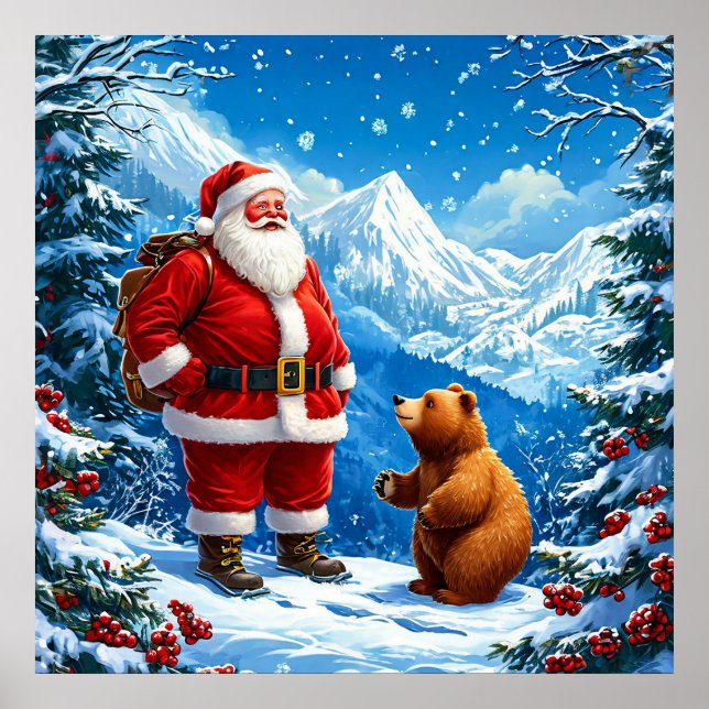 Tomte möter vänlig björn i snöiga berg poster (Framsidan)
