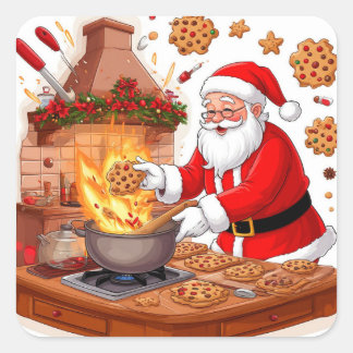 Tomte njuter av julmiddag vid öppen spis fyrkantigt klistermärke
