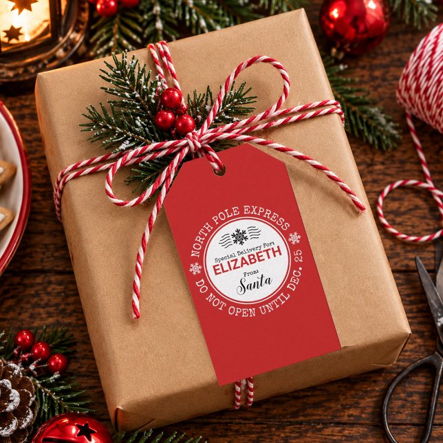Tomte Nordpolen Jul Specialleverans Presentetikett (Cute Personalized North Pole Express, from Santa gift tags make Christmas extra special. )