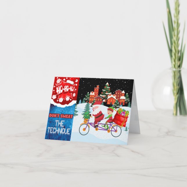 Tomte och alvens snöiga cykeltur julkort helgkort (Framsida)