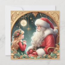 Tomte och en liten flicka, röd & guld vykort