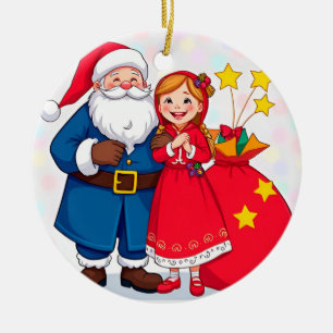 Tomte och flicka med en presentpåse julgransprydnad keramik