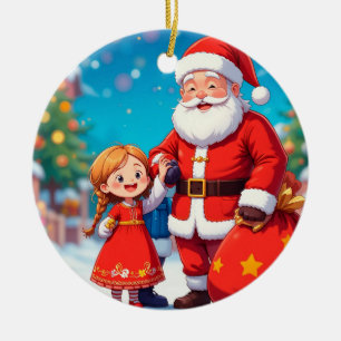 Tomte och flicka med en presentpåse julgransprydnad keramik