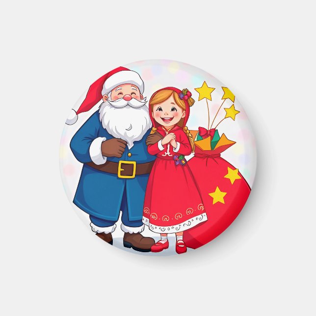 Tomte och flicka med en presentpåse magnet (Framsidan)