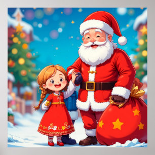 Tomte och flicka med en presentpåse poster