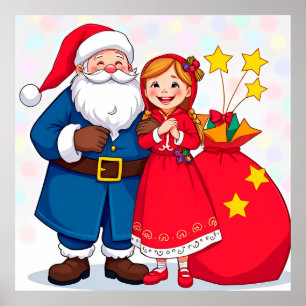 Tomte och flicka med en presentpåse poster
