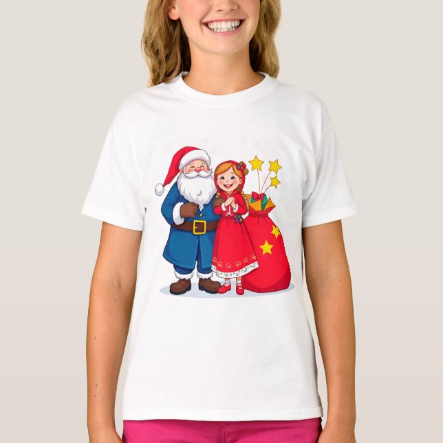 Tomte och flicka med en presentpåse t shirt (Framsida)