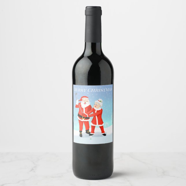 Tomte och fru Claus golfsväng Vinflaska Etikett (Framsida)