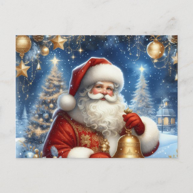 Tomte och julgran, blå & guld vykort (Framsida)
