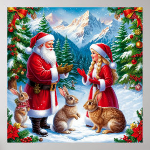 Tomte och kaniner vinterväggdekoration för jul poster