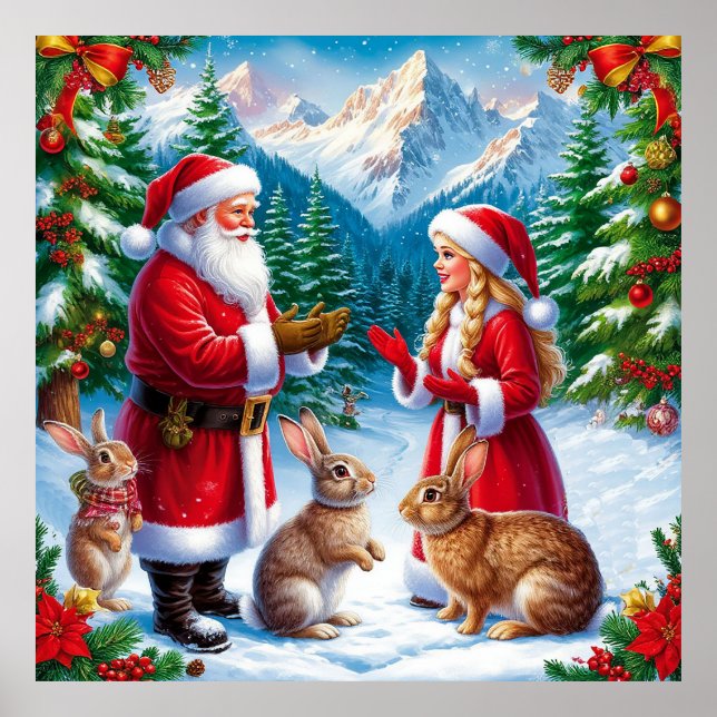 Tomte och kaniner vinterväggdekoration för jul poster (Framsidan)
