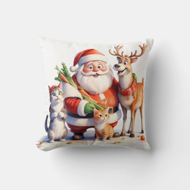 Tomte och kattfamiljen matar renar i snön kudde (Framsida)