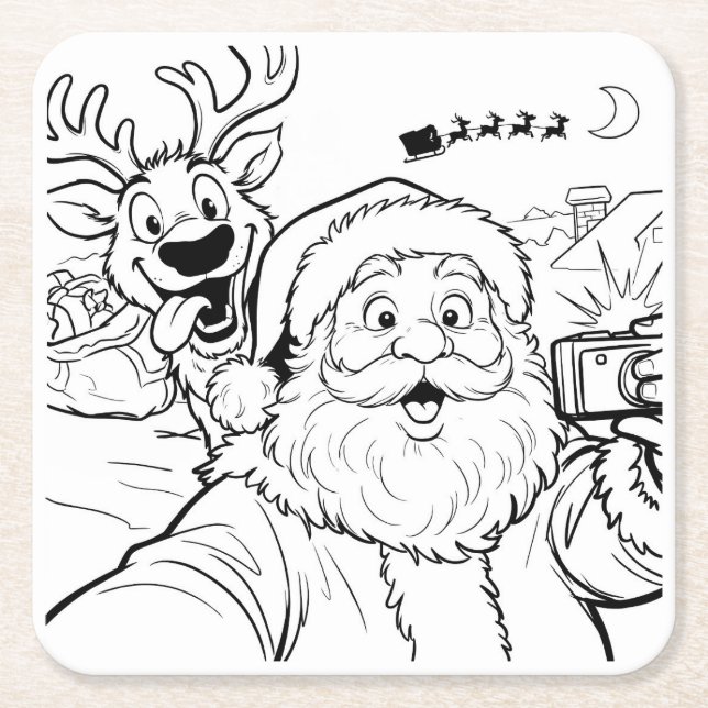 Tomte och ren selfie-coaster underlägg papper kvadrat (Framsidan)