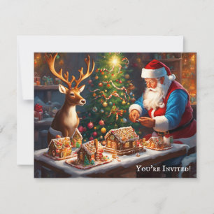 Tomte och renar gör pepparkakshus inbjudningar