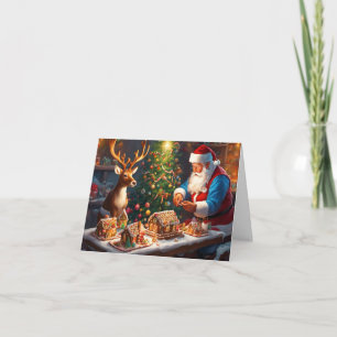 Tomte och renar gör pepparkakshus kort