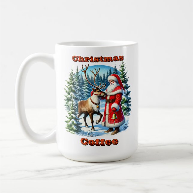 Tomte och renar i en snöig skog kaffemugg (Vänster)