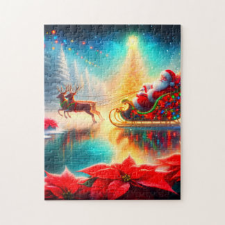 Tomte och renar på en frusen damm på hans släde pussel